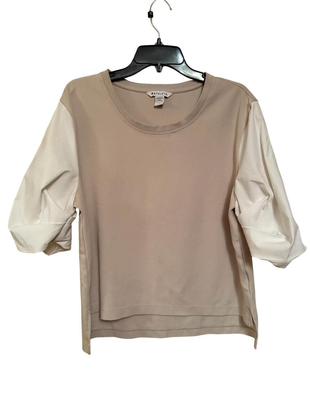 athleta womens ivory short sleeve mixed media blouse top Sz. M - Picture 2 of 4